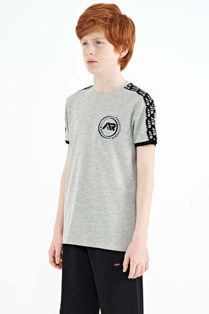 Grey Melange Shoulder Print Detailed Standard Fit O Neck Boys T-Shirt - 11121