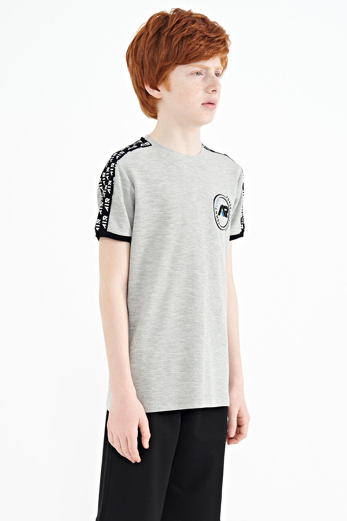 Grey Melange Shoulder Print Detailed Standard Fit O Neck Boys T-Shirt - 11121