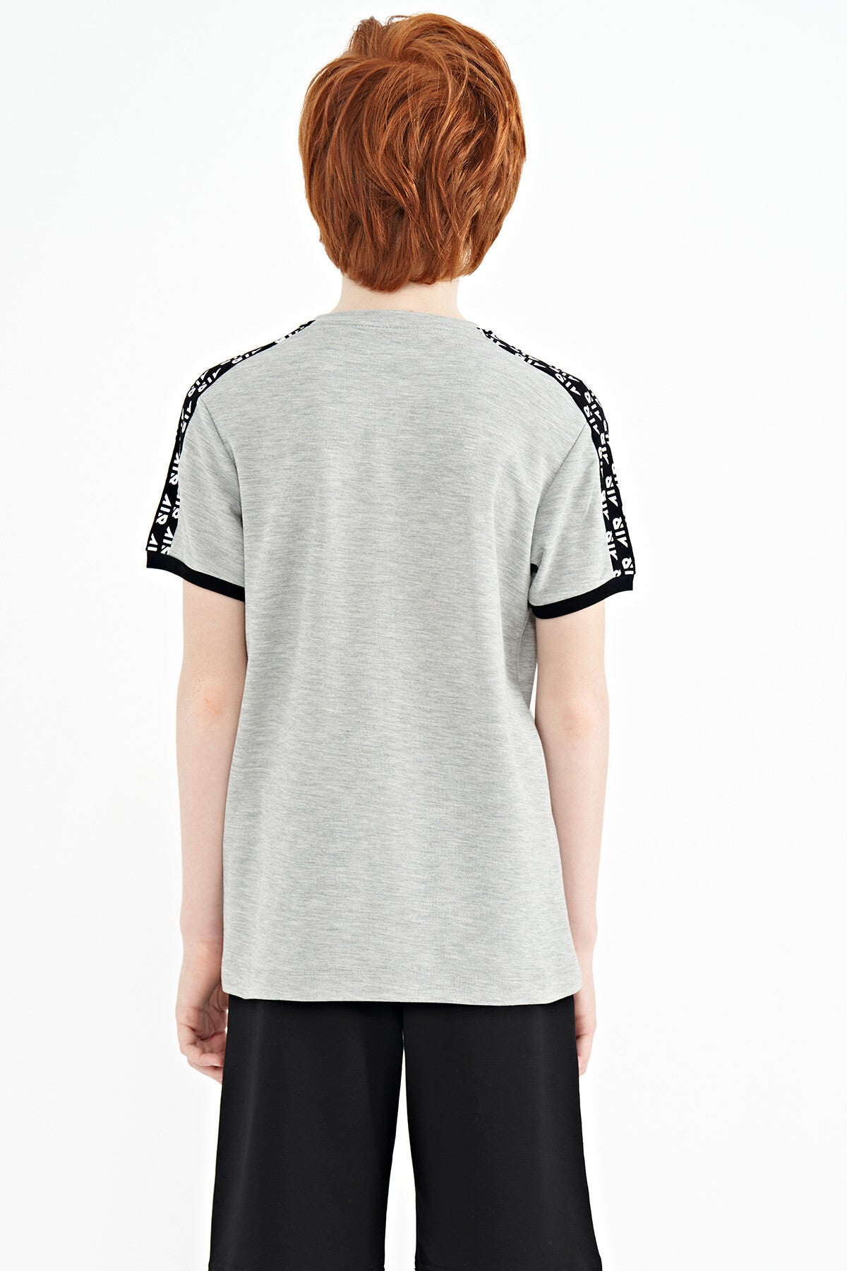 Grey Melange Shoulder Print Detailed Standard Fit O Neck Boys T-Shirt - 11121