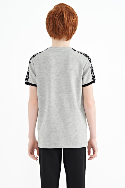 Grey Melange Shoulder Print Detailed Standard Fit O Neck Boys T-Shirt - 11121