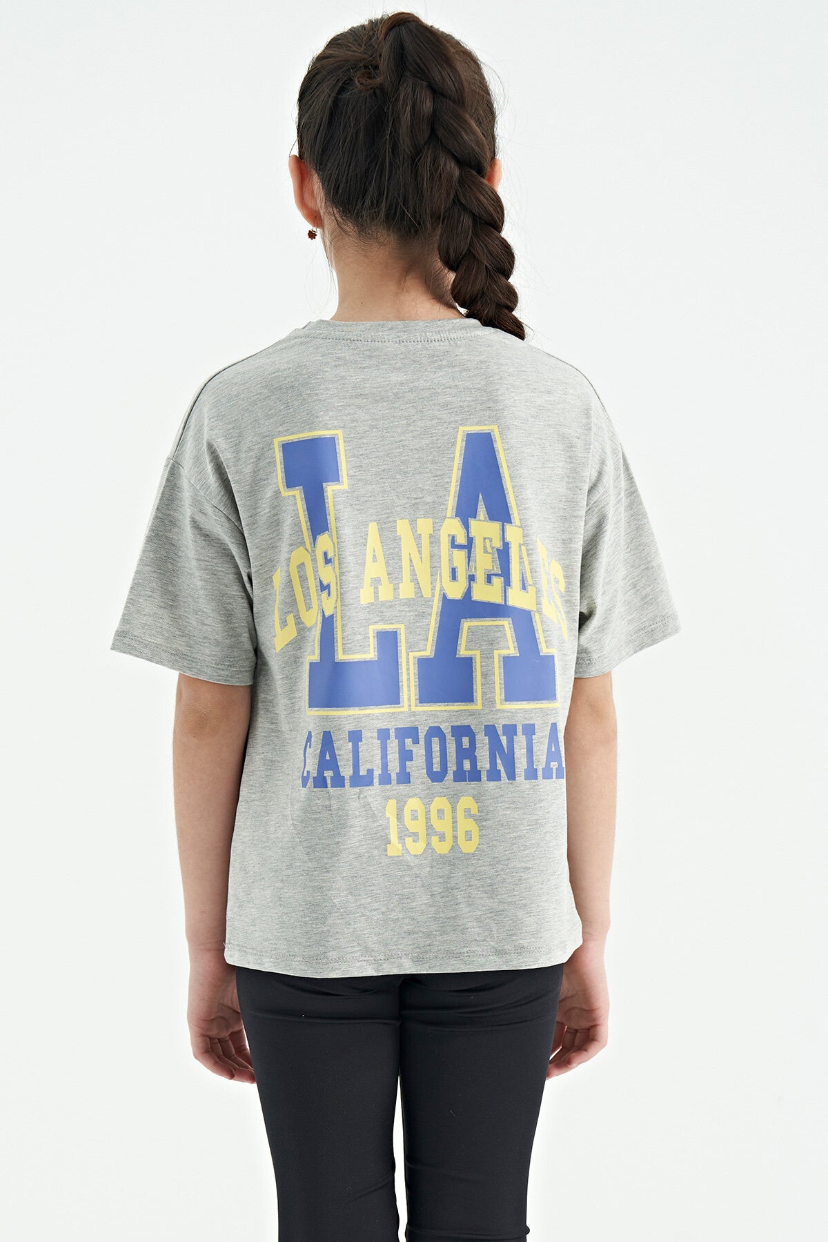 Grey Melange Print Round Neck Oversize Short Sleeve Girls' T-Shirt - 75127