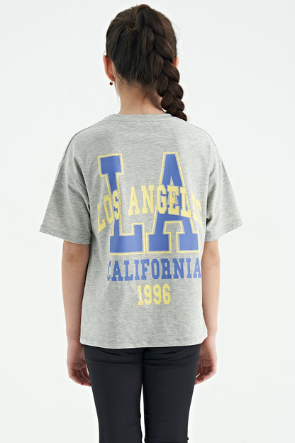 Grey Melange Print Round Neck Oversize Short Sleeve Girls' T-Shirt - 75127