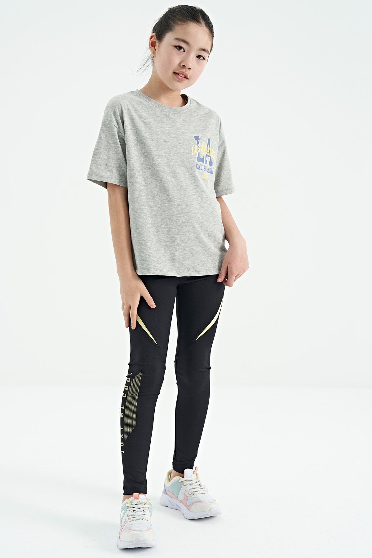Grey Melange Print Round Neck Oversize Short Sleeve Girls' T-Shirt - 75127