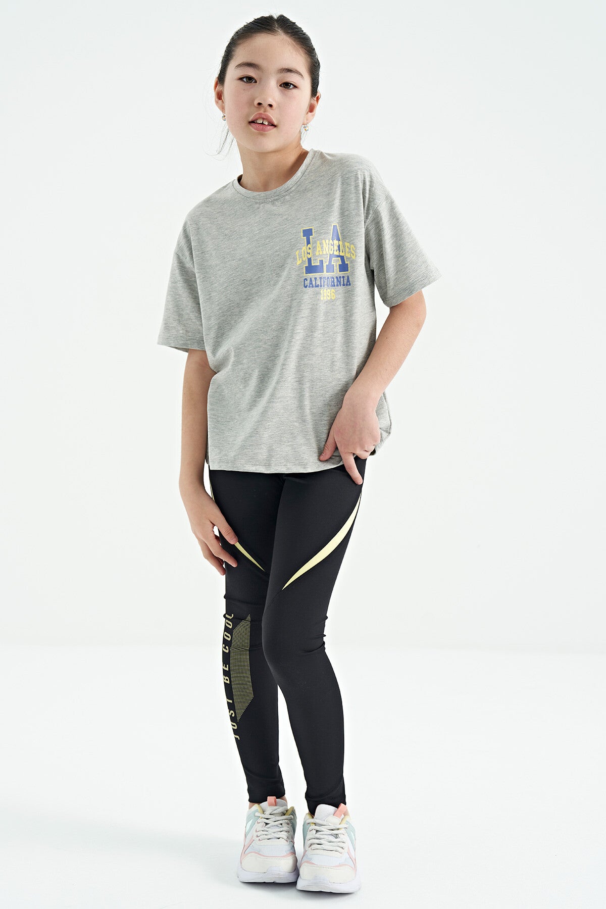 Grey Melange Print Round Neck Oversize Short Sleeve Girls' T-Shirt - 75127