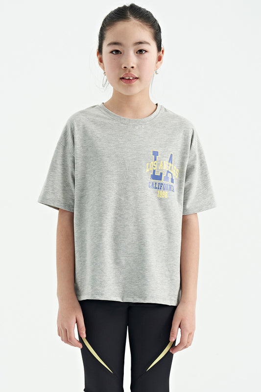 Grey Melange Print Round Neck Oversize Short Sleeve Girls' T-Shirt - 75127