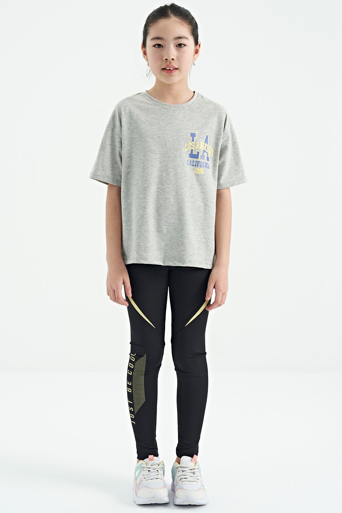 Grey Melange Print Round Neck Oversize Short Sleeve Girls' T-Shirt - 75127