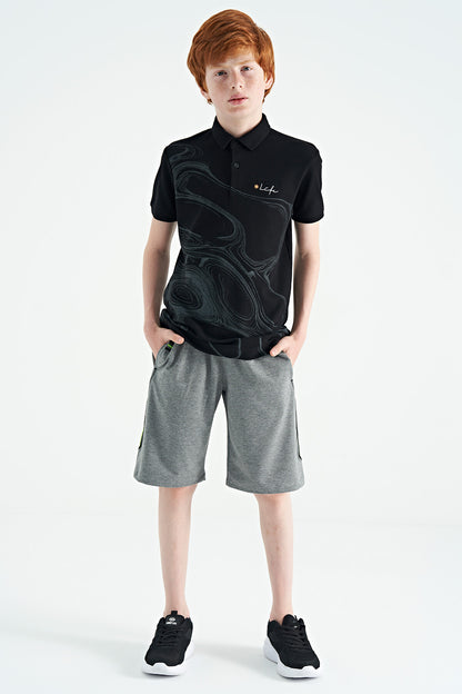 Grey Melange Front Back Embroidered Detailed Laced Standard Fit Boys Shorts - 11123