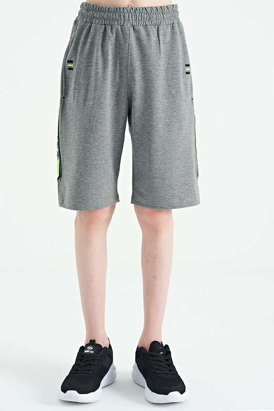 Grey Melange Front Back Embroidered Detailed Laced Standard Fit Boys Shorts - 11123