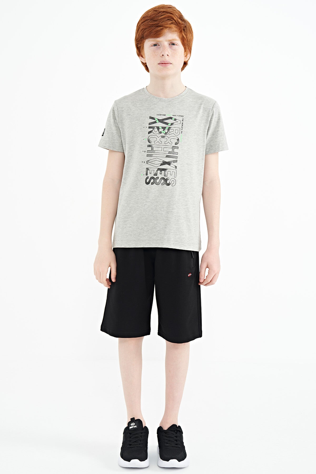 Grey Melange Round Neck Detailed O Collar Standard Cut Boys' T-Shirt - 11099