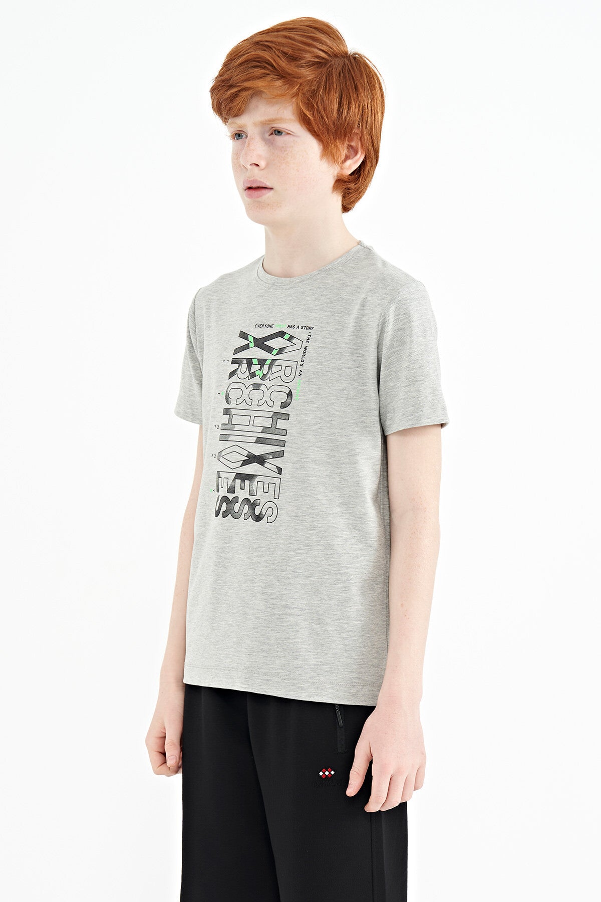 Grey Melange Round Neck Detailed O Collar Standard Cut Boys' T-Shirt - 11099