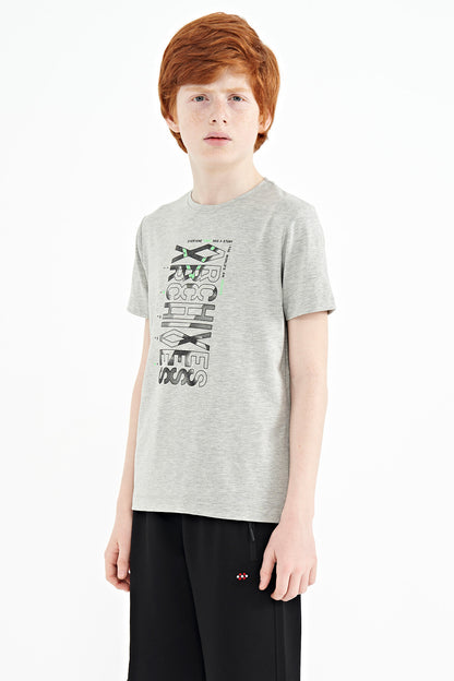 Grey Melange Round Neck Detailed O Collar Standard Cut Boys' T-Shirt - 11099
