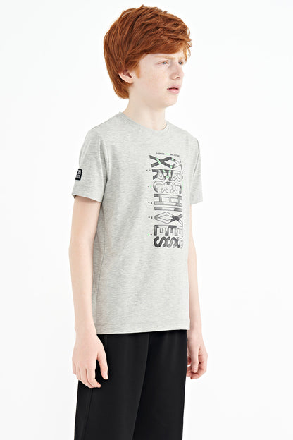 Grey Melange Round Neck Detailed O Collar Standard Cut Boys' T-Shirt - 11099