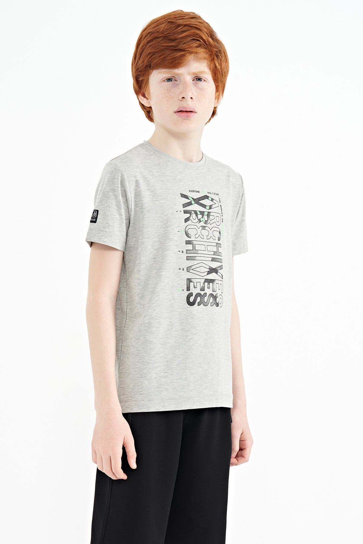 Grey Melange Round Neck Detailed O Collar Standard Cut Boys' T-Shirt - 11099