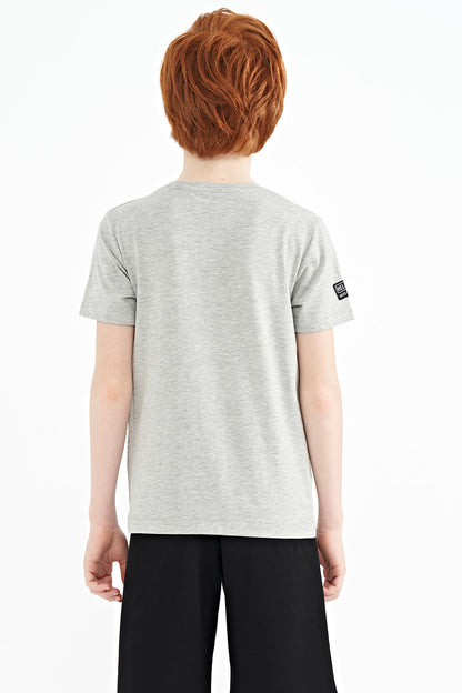Grey Melange Round Neck Detailed O Collar Standard Cut Boys' T-Shirt - 11099