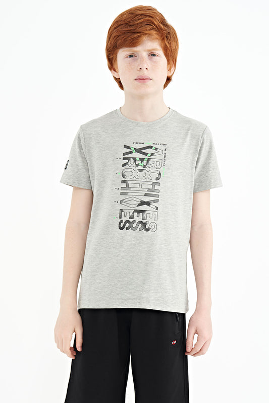 Grey Melange Round Neck Detailed O Collar Standard Cut Boys' T-Shirt - 11099