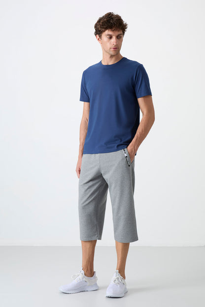 Grey Melange Front Pocket Detailed Standard Fit Classic Hem Men's Capri - 83092