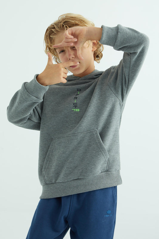 Grey Melange Front and Hooded Detailed Standard Cut Boys Sweatshirt - 11037