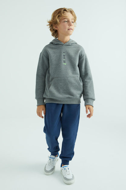 Grey Melange Front and Hooded Detailed Standard Cut Boys Sweatshirt - 11037