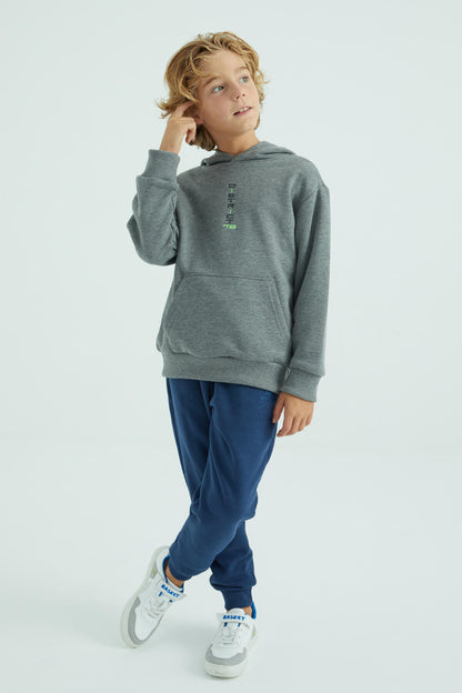 Grey Melange Front and Hooded Detailed Standard Cut Boys Sweatshirt - 11037