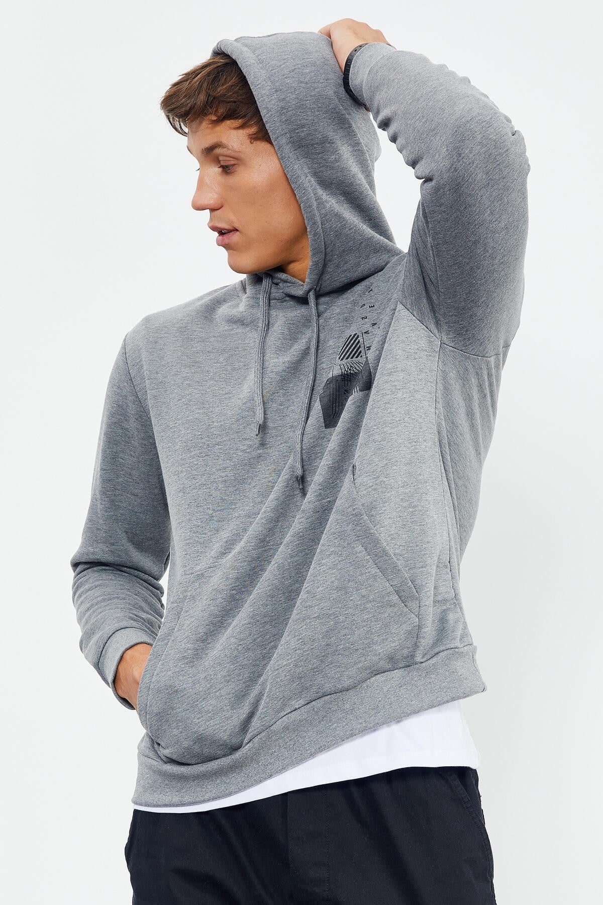 Grey Melange Front and Back Print Comfortable Fit Men's Hooded Sweatshirt - 88017