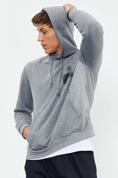 Grey Melange Front and Back Print Comfortable Fit Men's Hooded Sweatshirt - 88017