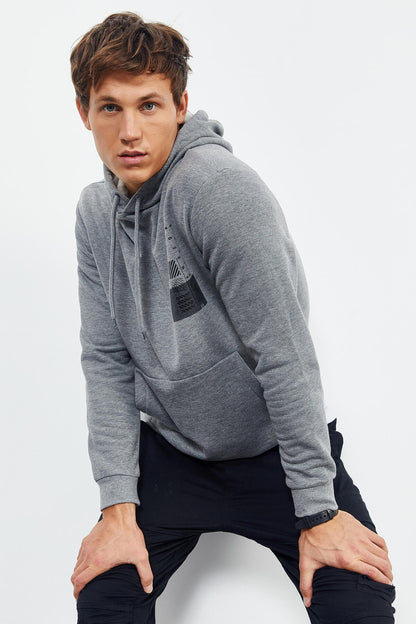 Grey Melange Front and Back Print Comfortable Fit Men's Hooded Sweatshirt - 88017