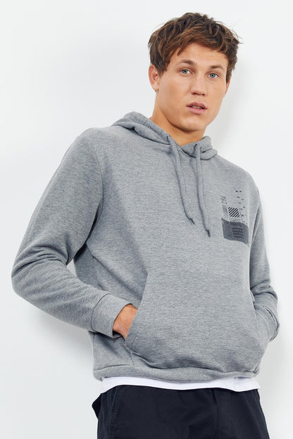 Grey Melange Front and Back Print Comfortable Fit Men's Hooded Sweatshirt - 88017