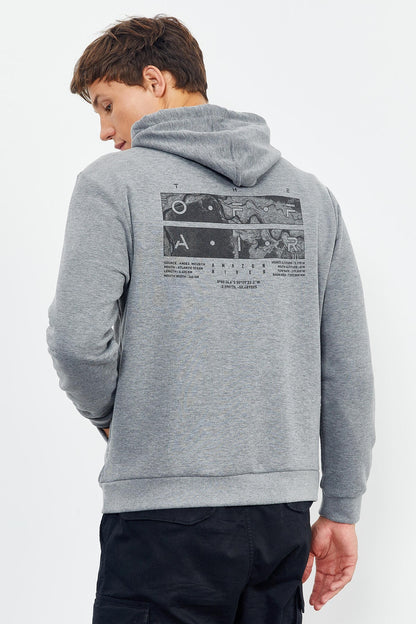 Grey Melange Front and Back Print Comfortable Fit Men's Hooded Sweatshirt - 88017