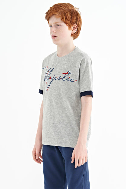 Grey Melange Round Neck Embroidered Oversize Boys' T-Shirt - 11147