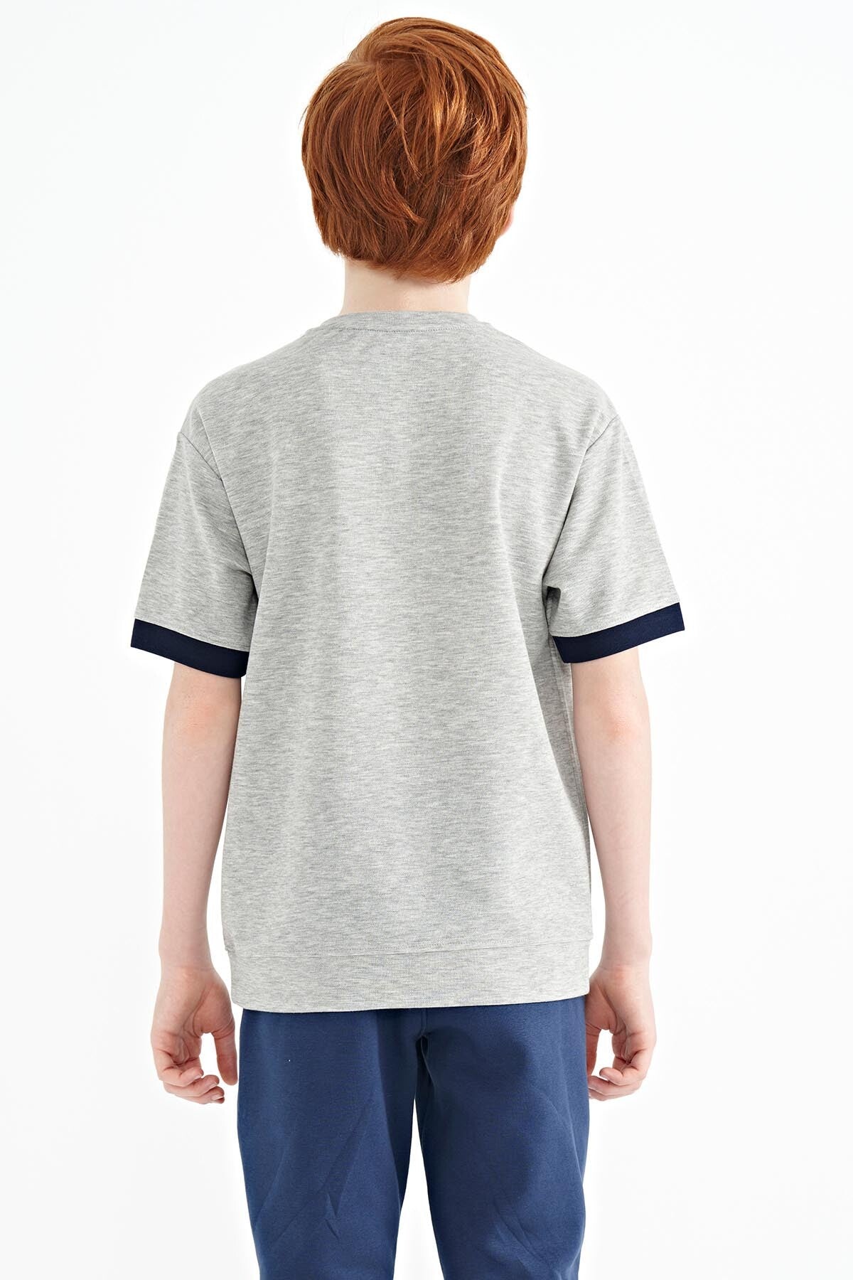 Grey Melange Round Neck Embroidered Oversize Boys' T-Shirt - 11147
