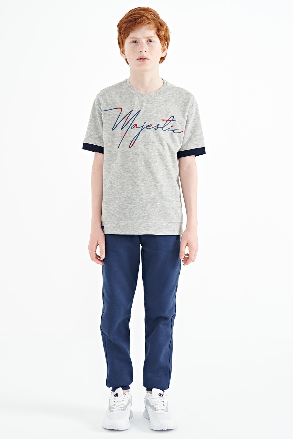 Grey Melange Round Neck Embroidered Oversize Boys' T-Shirt - 11147