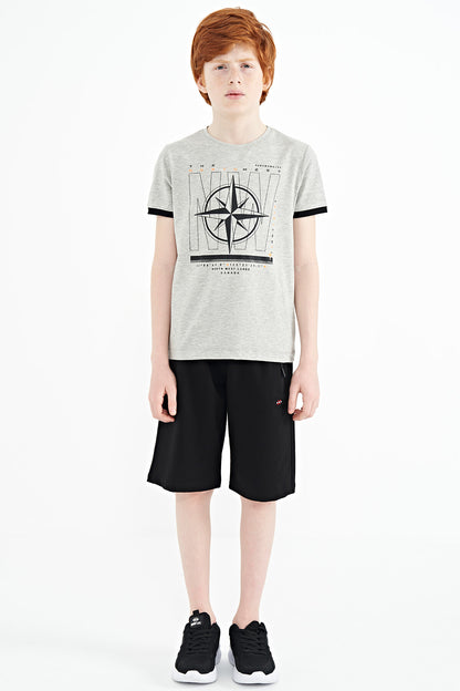 Grey Melange Compass Print Standard Fit O Neck Boys T-Shirt - 11106