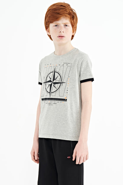 Grey Melange Compass Print Standard Fit O Neck Boys T-Shirt - 11106