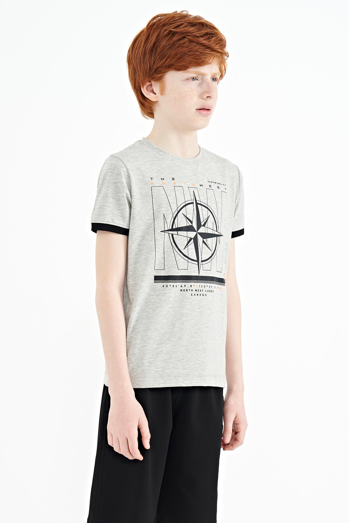 Grey Melange Compass Print Standard Fit O Neck Boys T-Shirt - 11106