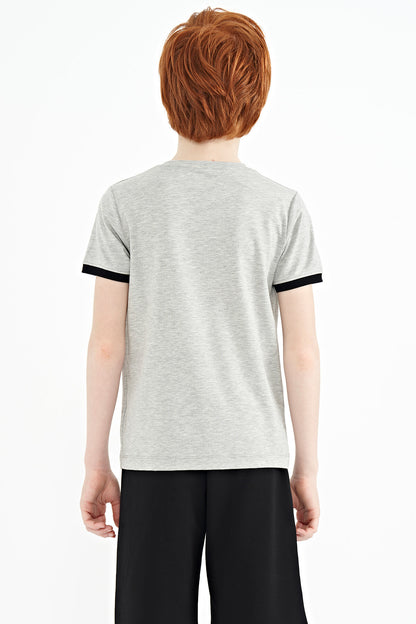 Grey Melange Compass Print Standard Fit O Neck Boys T-Shirt - 11106