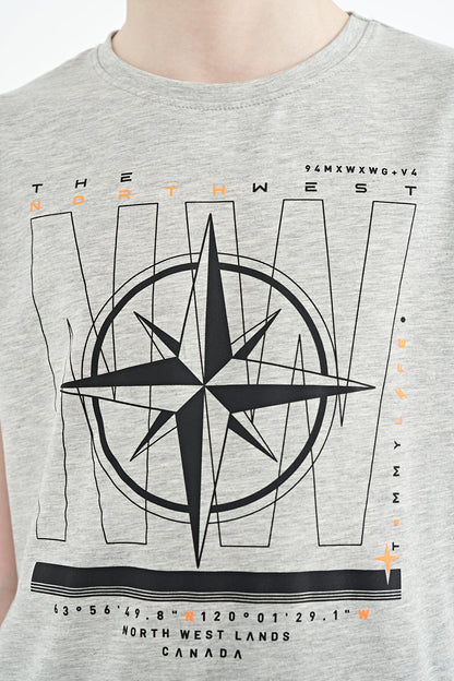 Grey Melange Compass Print Standard Fit O Neck Boys T-Shirt - 11106
