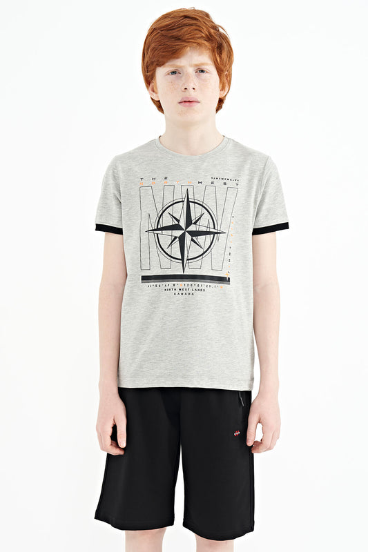 Grey Melange Compass Print Standard Fit O Neck Boys T-Shirt - 11106