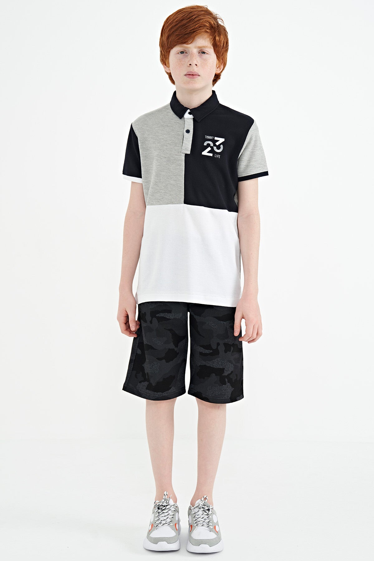 Grey Melange Color Block Embroidered Detailed Standard Pattern Polo Collar Boys T-Shirt - 11108
