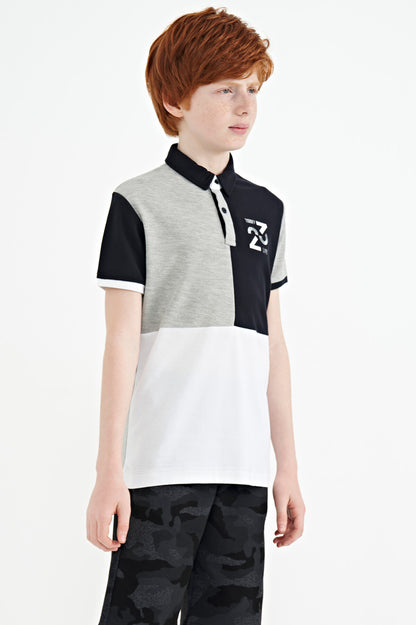 Grey Melange Color Block Embroidered Detailed Standard Pattern Polo Collar Boys T-Shirt - 11108