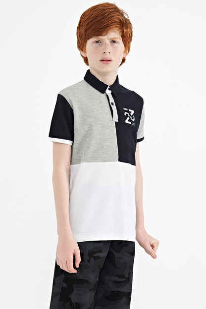 Grey Melange Color Block Embroidered Detailed Standard Pattern Polo Collar Boys T-Shirt - 11108