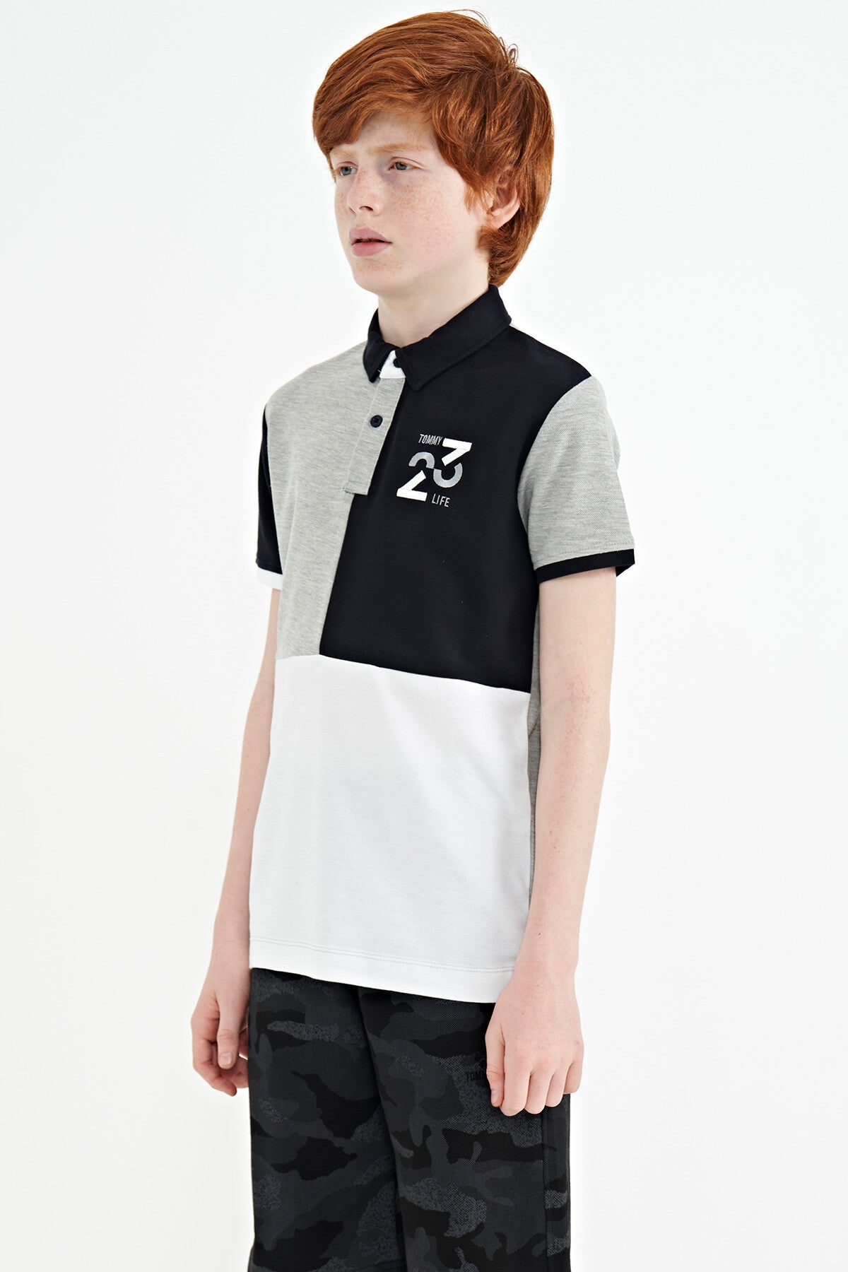 Grey Melange Color Block Embroidered Detailed Standard Pattern Polo Collar Boys T-Shirt - 11108