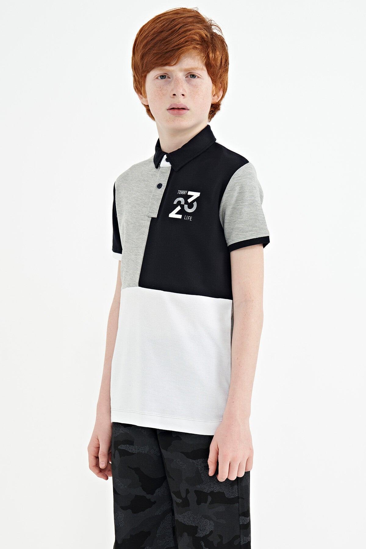 Grey Melange Color Block Embroidered Detailed Standard Pattern Polo Collar Boys T-Shirt - 11108