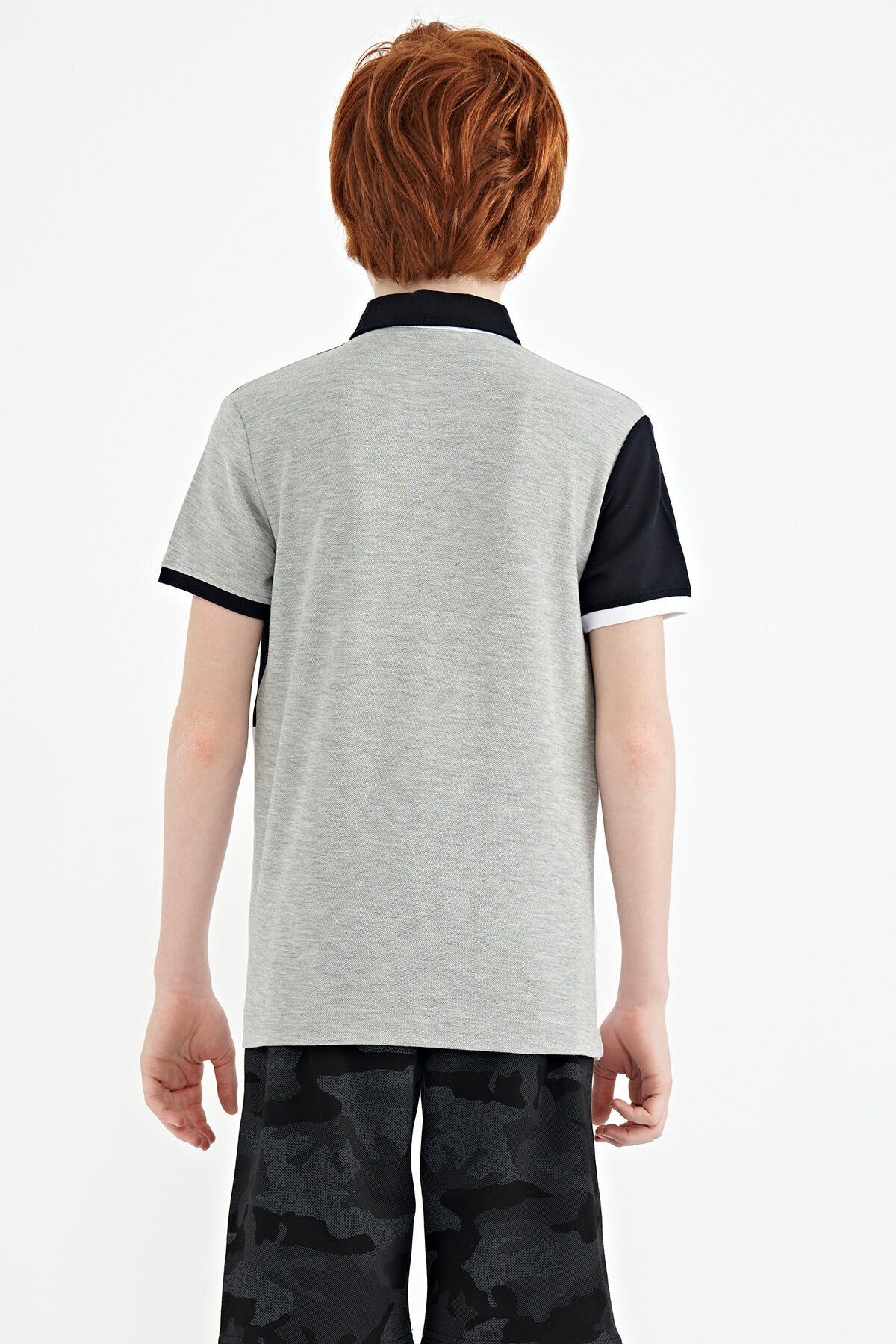 Grey Melange Color Block Embroidered Detailed Standard Pattern Polo Collar Boys T-Shirt - 11108