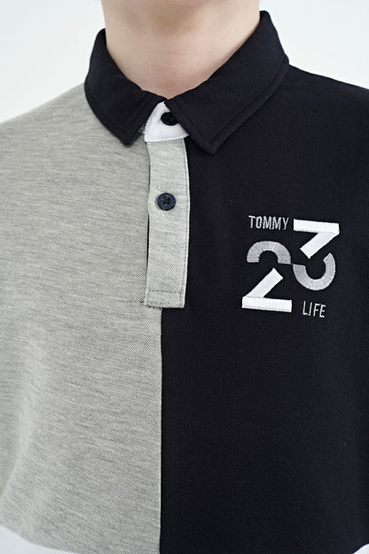 Grey Melange Color Block Embroidered Detailed Standard Pattern Polo Collar Boys T-Shirt - 11108