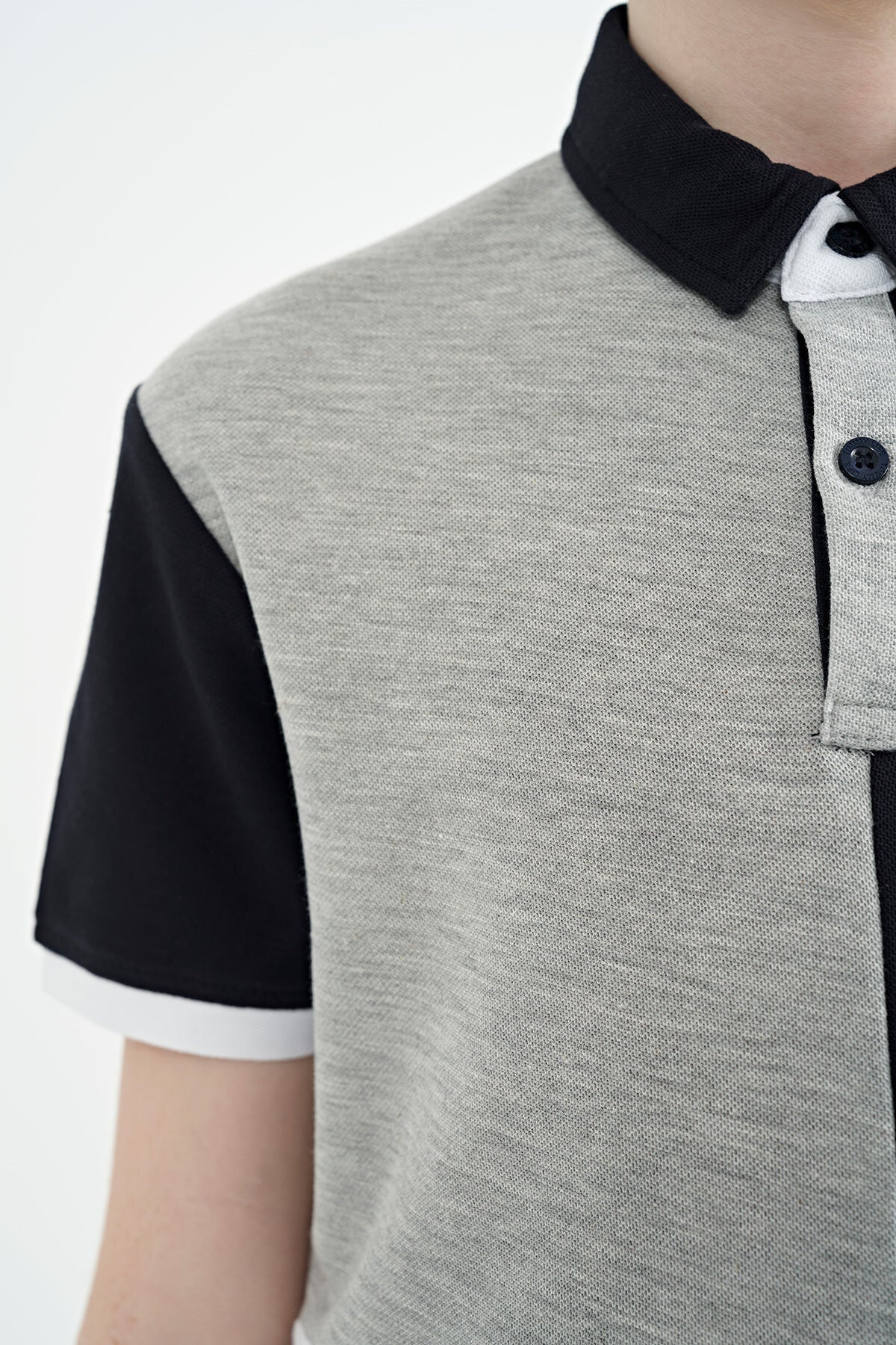 Grey Melange Color Block Embroidered Detailed Standard Pattern Polo Collar Boys T-Shirt - 11108