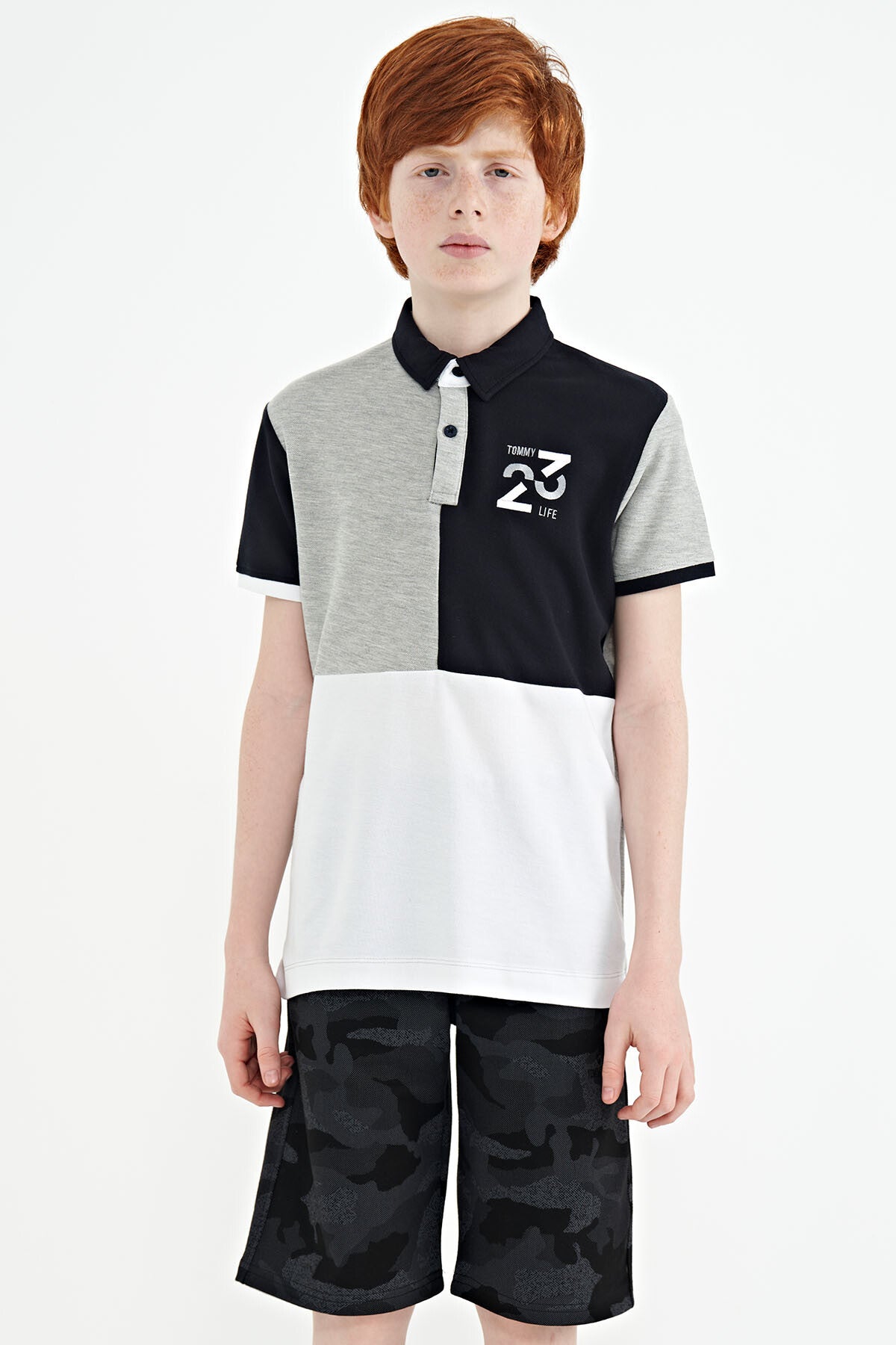 Grey Melange Color Block Embroidered Detailed Standard Pattern Polo Collar Boys T-Shirt - 11108