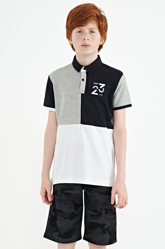 Grey Melange Color Block Embroidered Detailed Standard Pattern Polo Collar Boys T-Shirt - 11108