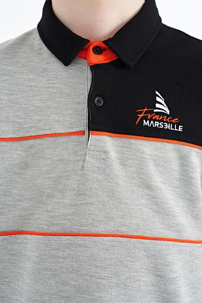 Grey Color Block Embroidered Letter Detailed Standard Pattern Polo Collar Boys T-Shirt - 11109
