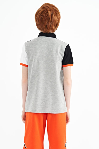 Grey Color Block Embroidered Letter Detailed Standard Pattern Polo Collar Boys T-Shirt - 11109
