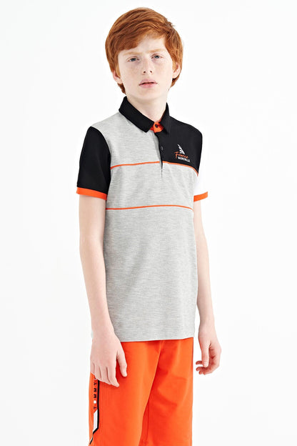 Grey Color Block Embroidered Letter Detailed Standard Pattern Polo Collar Boys T-Shirt - 11109